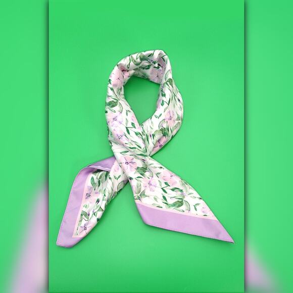 A218-L • Lavender Leafy Bloom Silky Bandana Scarf - Picture 2 of 3